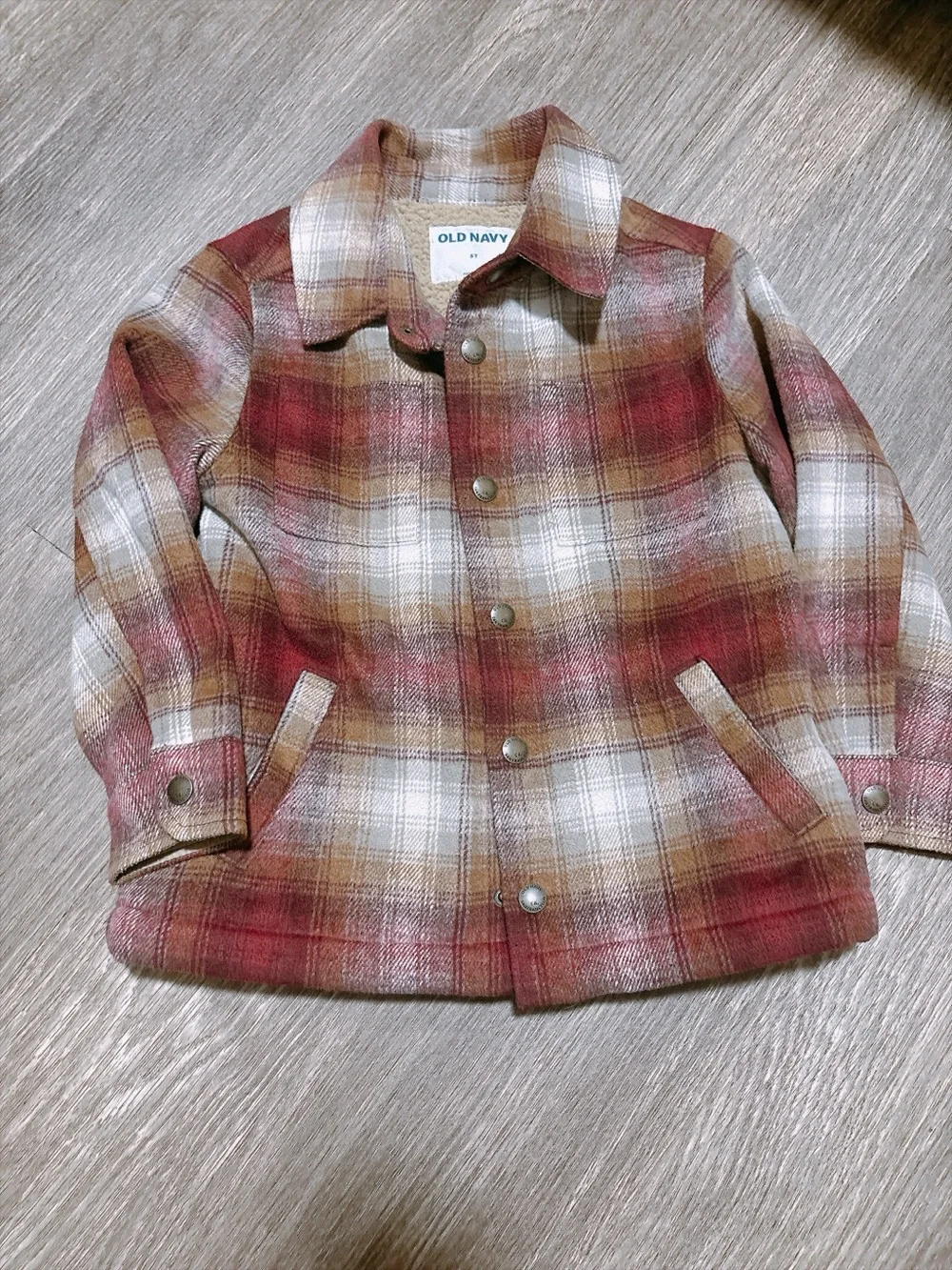 Old Navy Kids Plaid Pea Coat in Burgundy, Brown & Cream
